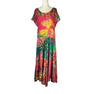 Vintage Savoy tie dye dress metallic gold suns 100% rayon made in india Small
